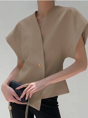 Trendy V-Neck Button Down Blouse - Khaki